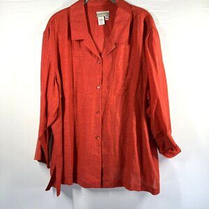 Coldwater Creek Top XXL Solid Orange Silk Linen 3/4 Sleeve Button Up Semi Sheer